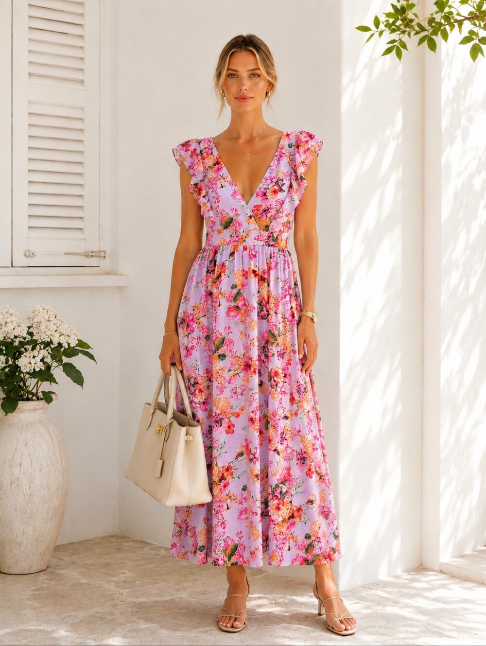 Pink Floral Flutter Sleeve Maxi Dress | Open Back Tie Detail | Size Large